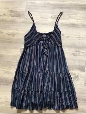 Angie Blue/Red Striped Sundress,  bohemian-style mini, lightweight rayon. Size M